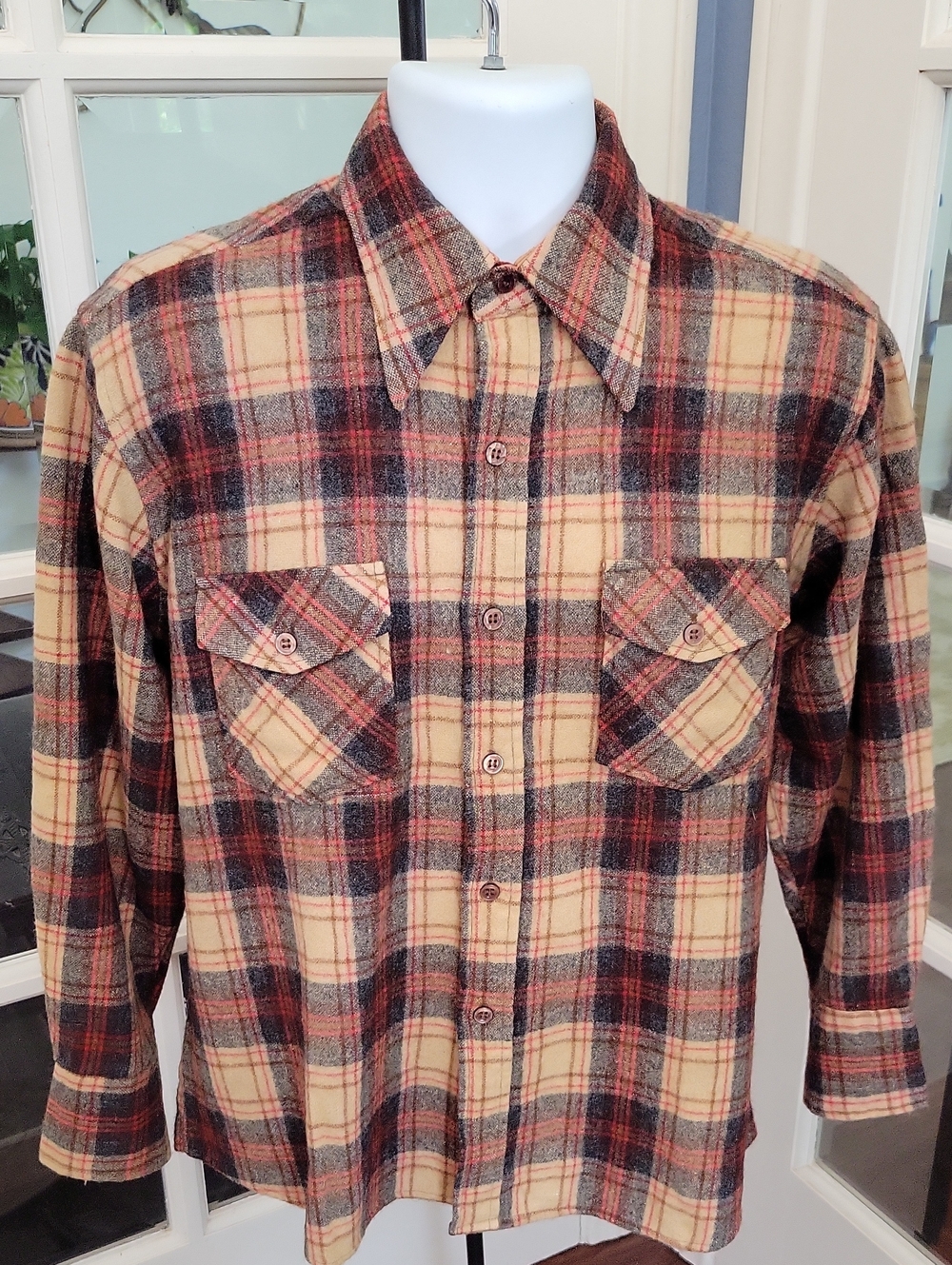 Vintage Ferranti Wool & Nylon Men's Long-Sleeve Button-Up Plaid Shirt